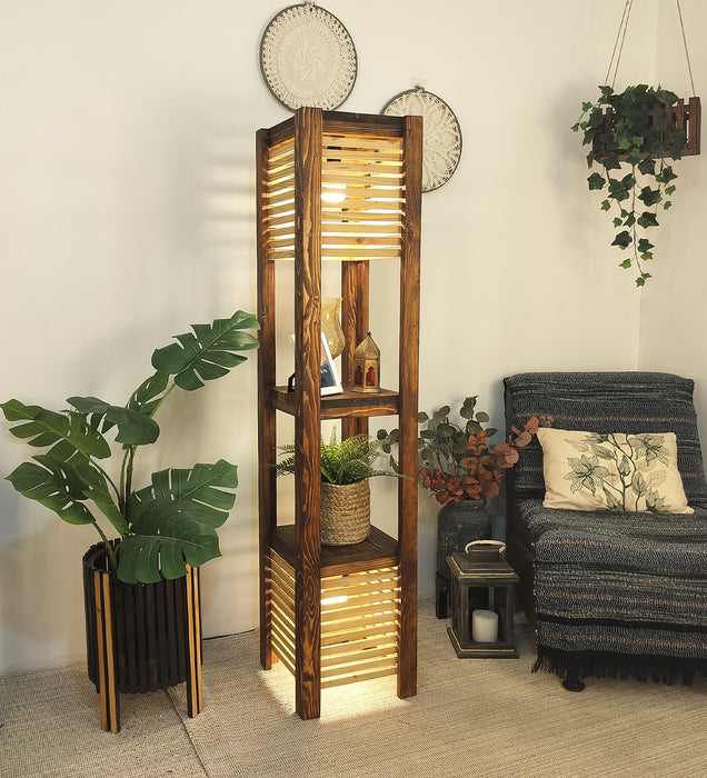 Antilia Wooden Floor Lamp with Brown Base and Beige Wooden Lampshades