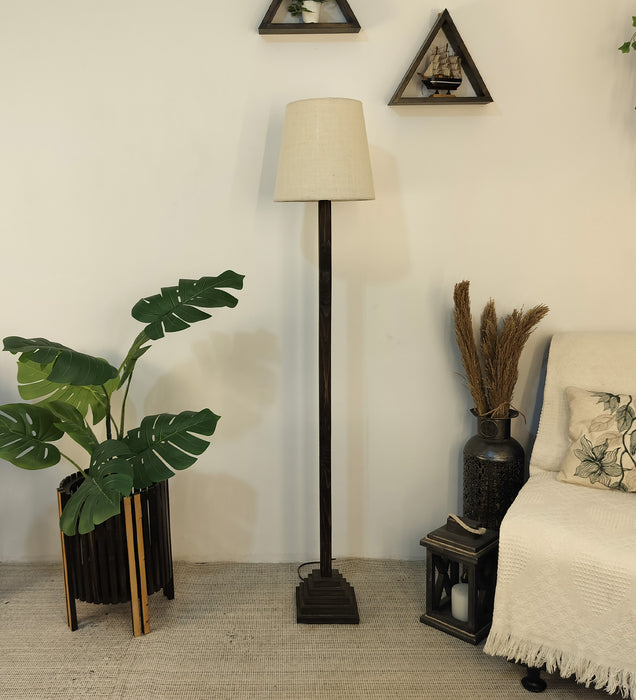 Babel Wooden Floor Lamp with Brown Base and Beige Fabric Lampshade