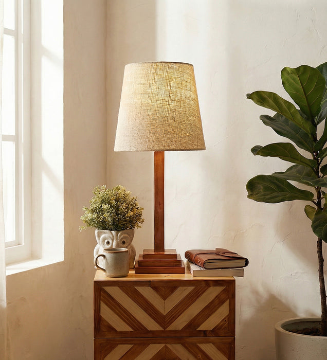 Babel Wooden Table Lamp with Brown Base and White Fabric Lampshade