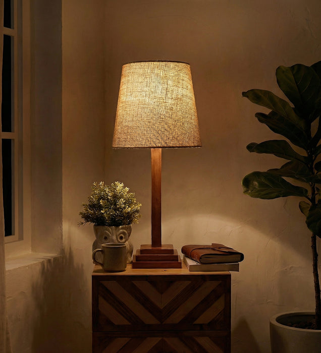 Babel Wooden Table Lamp with Brown Base and White Fabric Lampshade