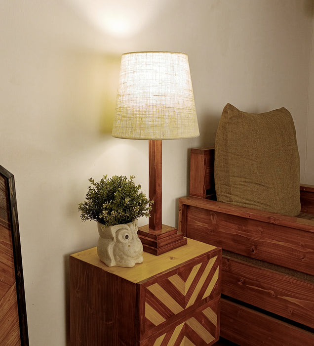 Babel Wooden Table Lamp with Brown Base and White Fabric Lampshade