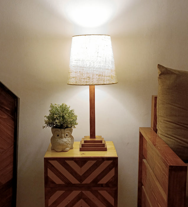 Babel Wooden Table Lamp with Brown Base and White Fabric Lampshade