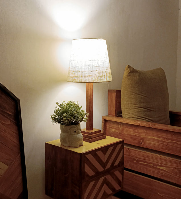 Babel Wooden Table Lamp with Brown Base and White Fabric Lampshade