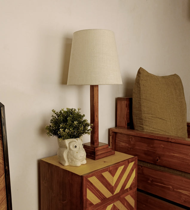 Babel Wooden Table Lamp with Brown Base and White Fabric Lampshade