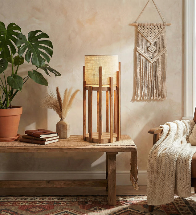 Bastian Wooden Table Lamp with Brown Base and White Fabric Lampshade
