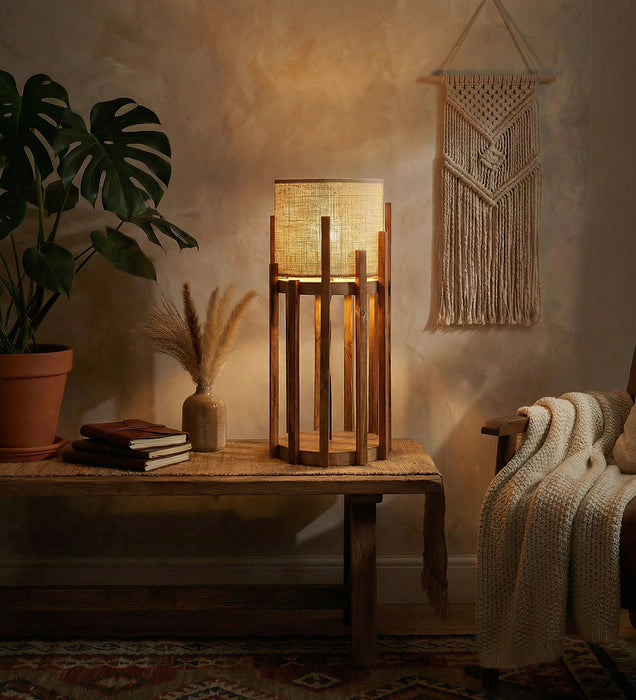 Bastian Wooden Table Lamp with Brown Base and White Fabric Lampshade