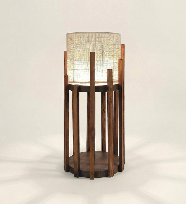 Bastian Wooden Table Lamp with Brown Base and White Fabric Lampshade
