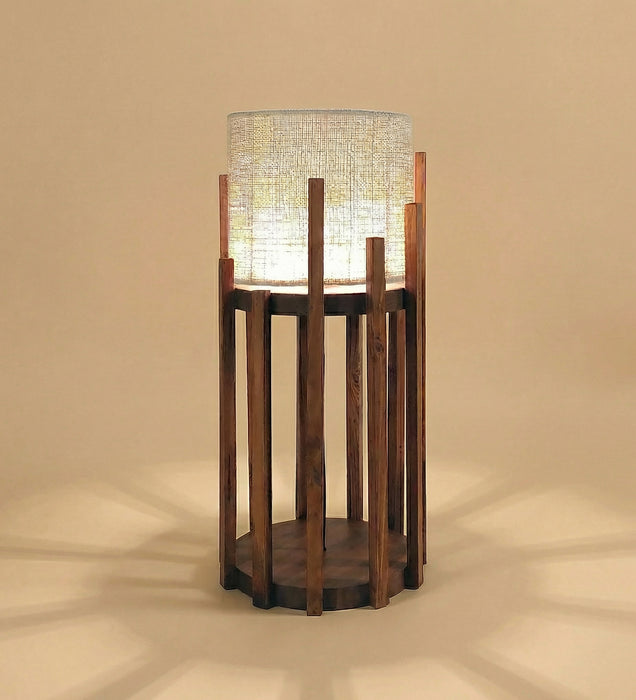 Bastian Wooden Table Lamp with Brown Base and White Fabric Lampshade