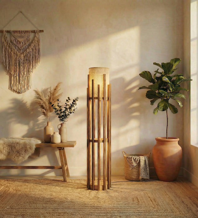 Bastian Wooden Floor Lamp with Brown Base and White Fabric Lampshade