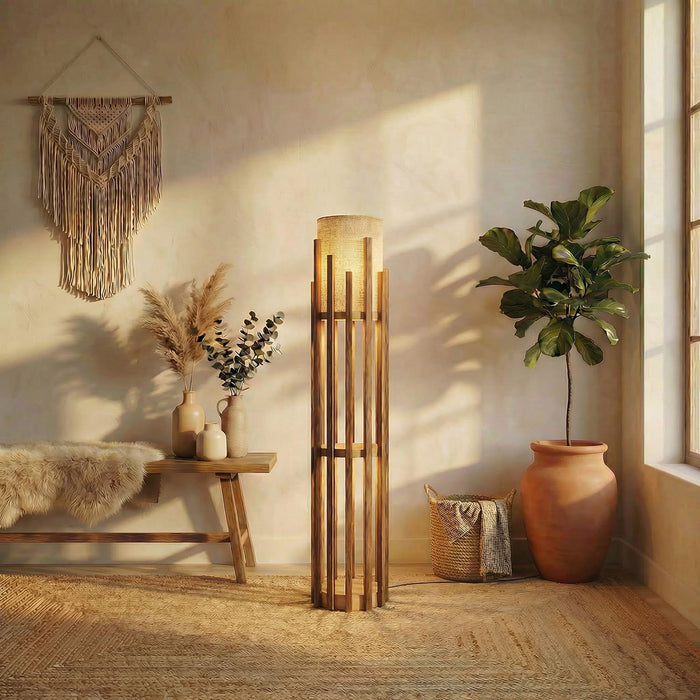 Bastian Wooden Floor Lamp with Brown Base and White Fabric Lampshade