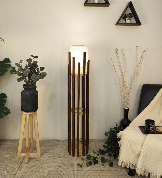 Bastian Wooden Floor Lamp with Brown Base and White Fabric Lampshade