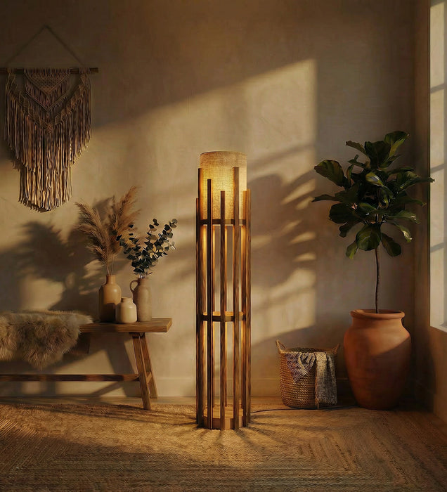 Bastian Wooden Floor Lamp with Brown Base and White Fabric Lampshade
