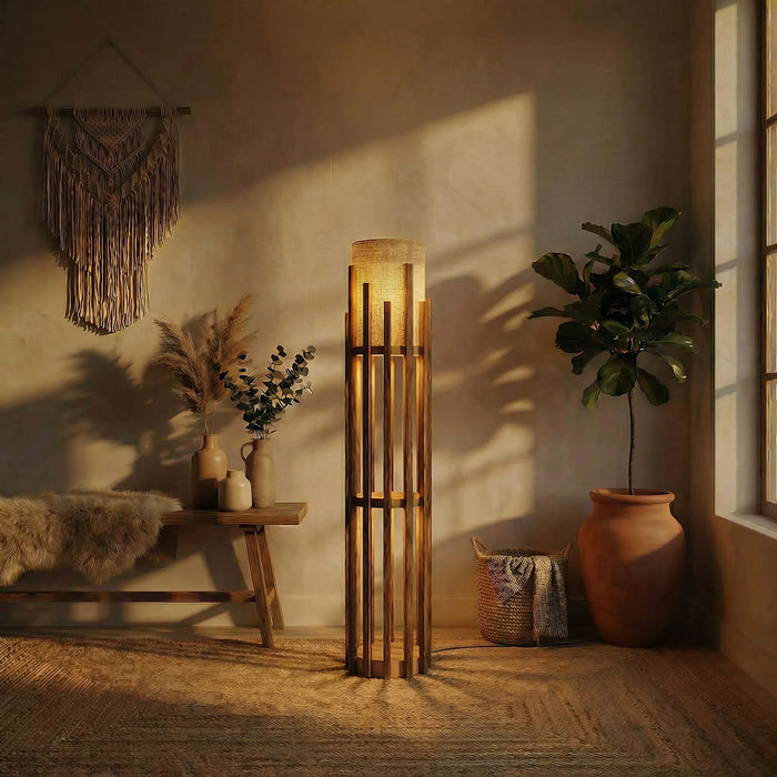 Bastian Wooden Floor Lamp with Brown Base and White Fabric Lampshade