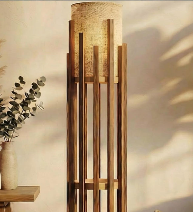 Bastian Wooden Floor Lamp with Brown Base and White Fabric Lampshade
