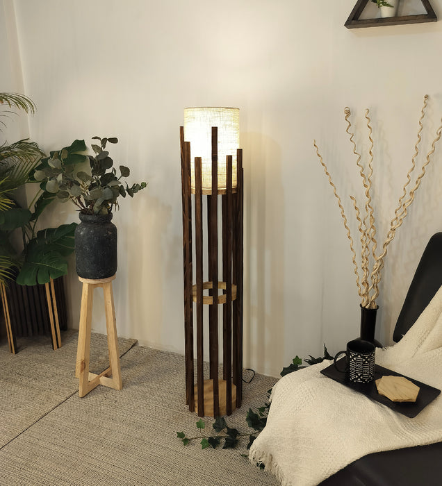 Bastian Wooden Floor Lamp with Brown Base and White Fabric Lampshade