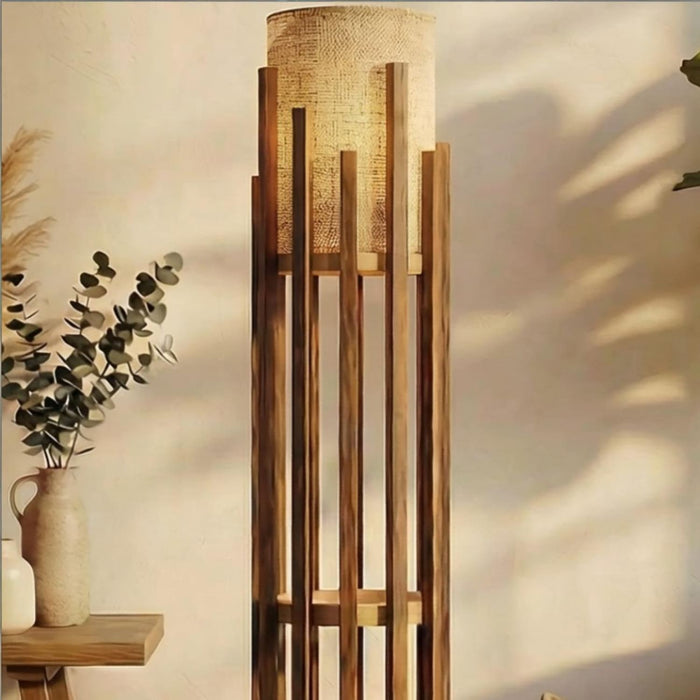 Bastian Wooden Floor Lamp with Brown Base and White Fabric Lampshade
