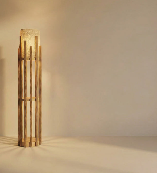 Bastian Wooden Floor Lamp with Brown Base and White Fabric Lampshade