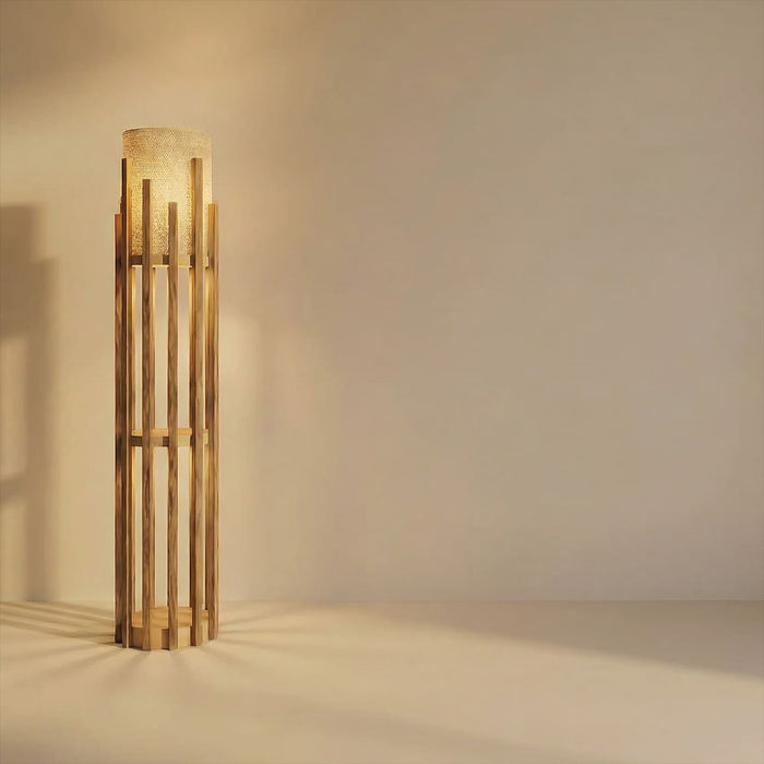 Bastian Wooden Floor Lamp with Brown Base and White Fabric Lampshade