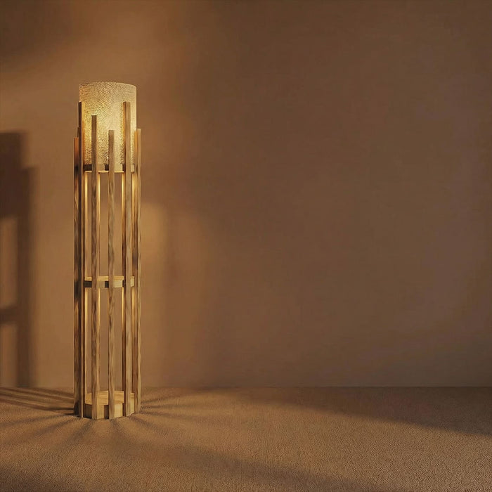 Bastian Wooden Floor Lamp with Brown Base and White Fabric Lampshade