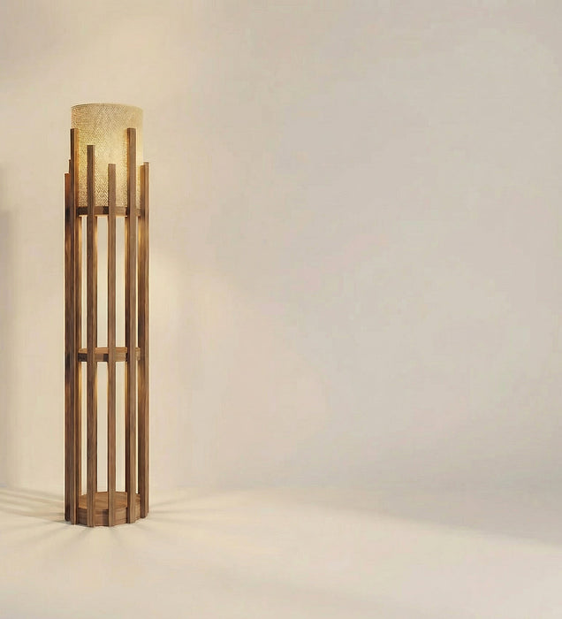 Bastian Wooden Floor Lamp with Brown Base and White Fabric Lampshade