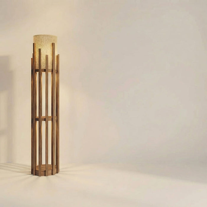 Bastian Wooden Floor Lamp with Brown Base and White Fabric Lampshade
