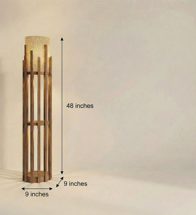 Bastian Wooden Floor Lamp with Brown Base and White Fabric Lampshade