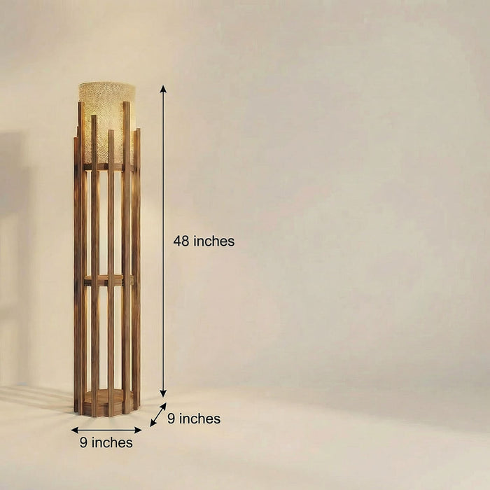 Bastian Wooden Floor Lamp with Brown Base and White Fabric Lampshade