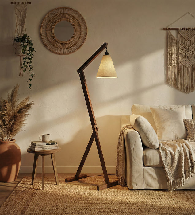 Benji Wooden Floor Lamp with Brown Base and Beige Fabric Lampshade