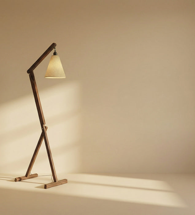 Benji Wooden Floor Lamp with Brown Base and Beige Fabric Lampshade