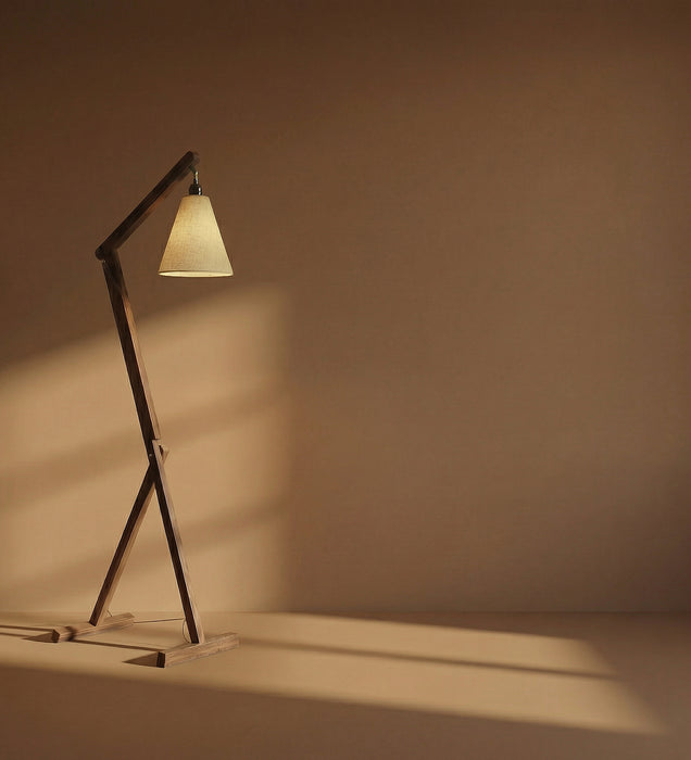 Benji Wooden Floor Lamp with Brown Base and Beige Fabric Lampshade