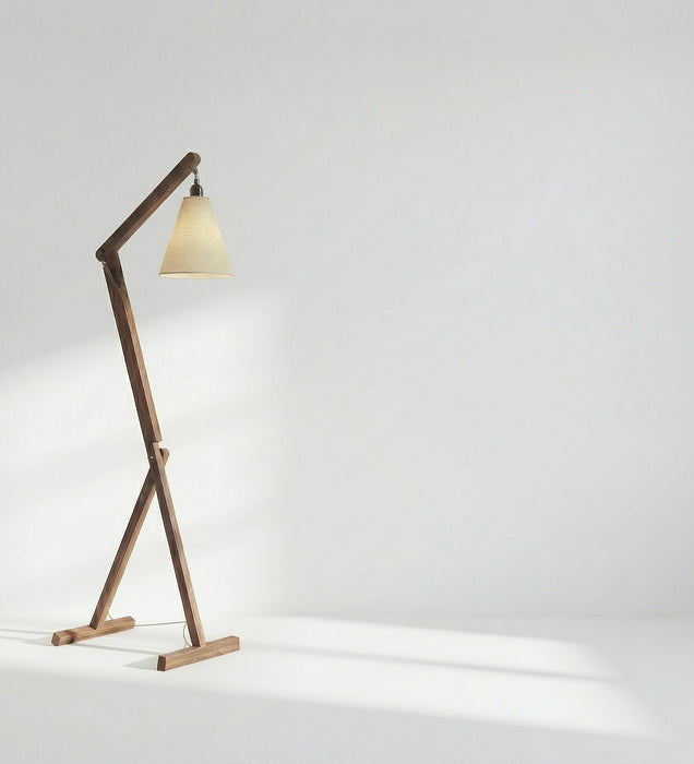 Benji Wooden Floor Lamp with Brown Base and Beige Fabric Lampshade