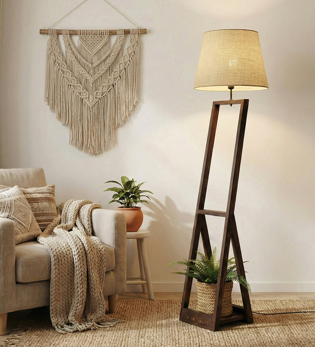 Bezalel Wooden Floor Lamp with Brown Base and Beige Fabric Lampshade