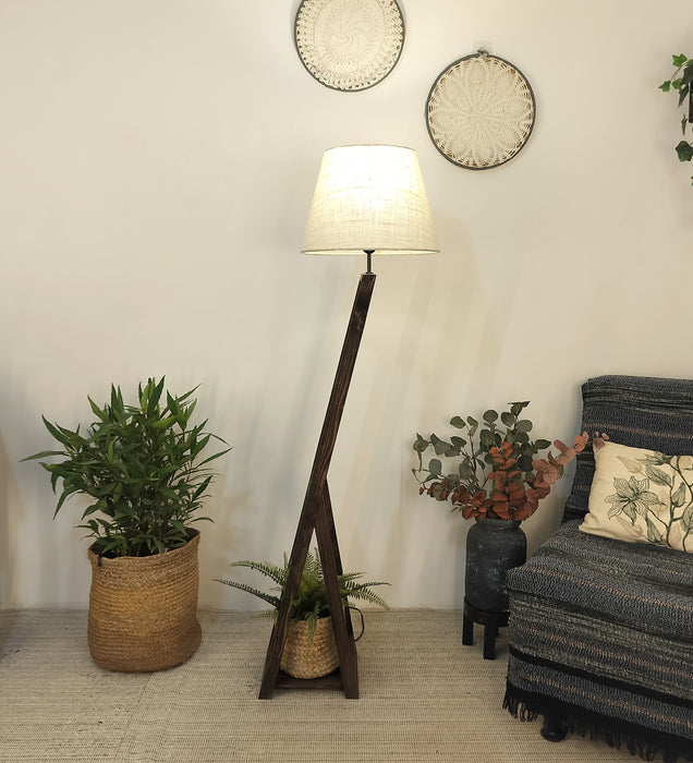 Bezalel Wooden Floor Lamp with Brown Base and Beige Fabric Lampshade