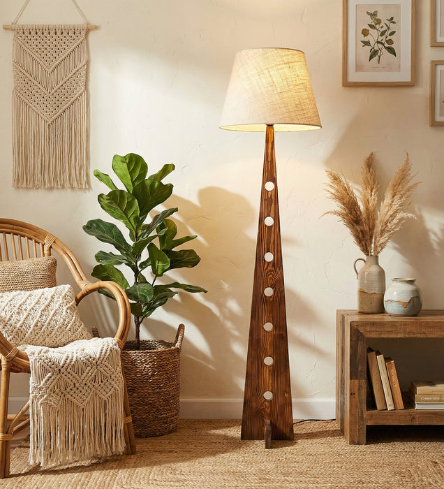 Bevel Wooden Floor Lamp with Brown Base and Beige Fabric Lampshade