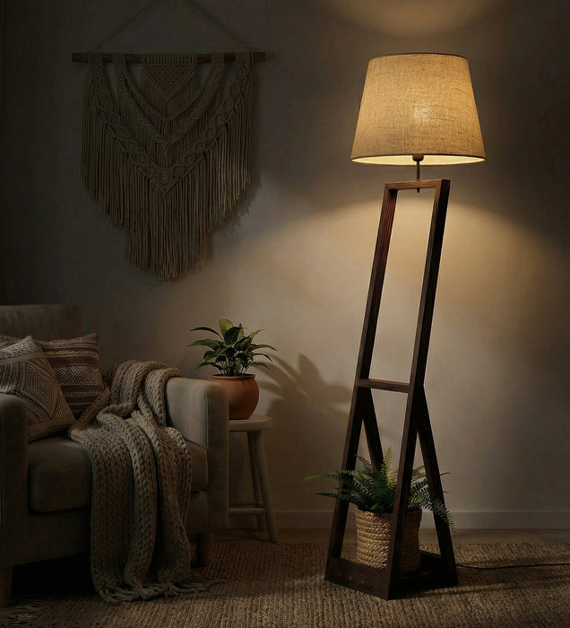 Bezalel Wooden Floor Lamp with Brown Base and Beige Fabric Lampshade