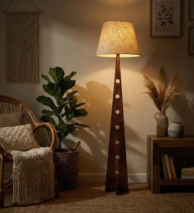 Bevel Wooden Floor Lamp with Brown Base and Beige Fabric Lampshade
