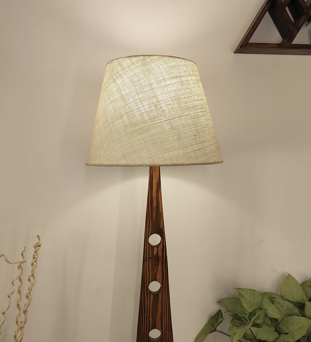 Bevel Wooden Floor Lamp with Brown Base and Beige Fabric Lampshade