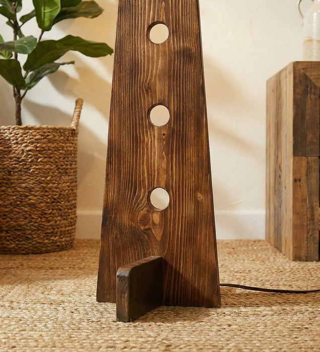 Bevel Wooden Floor Lamp with Brown Base and Beige Fabric Lampshade