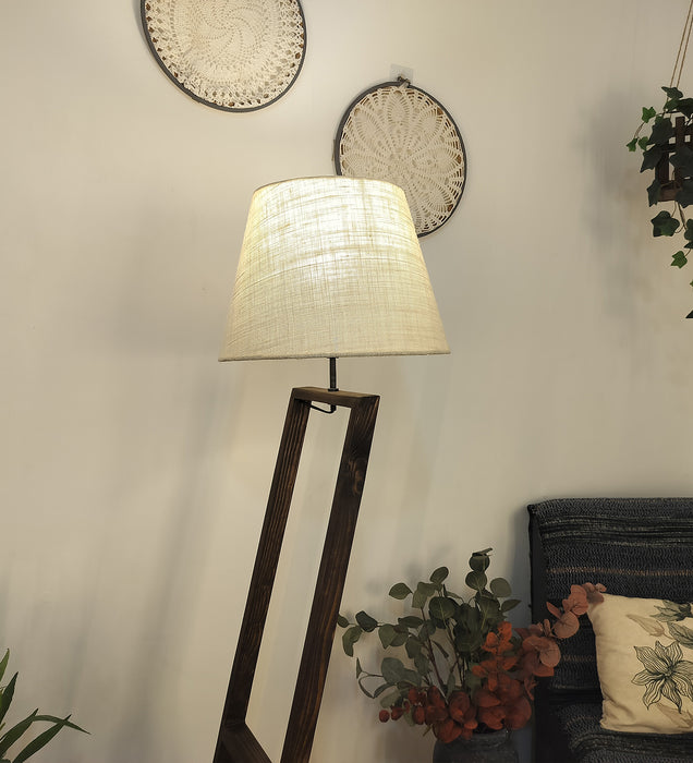Bezalel Wooden Floor Lamp with Brown Base and Beige Fabric Lampshade