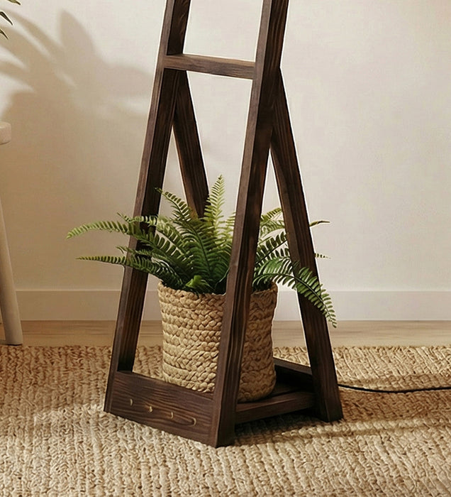 Bezalel Wooden Floor Lamp with Brown Base and Beige Fabric Lampshade