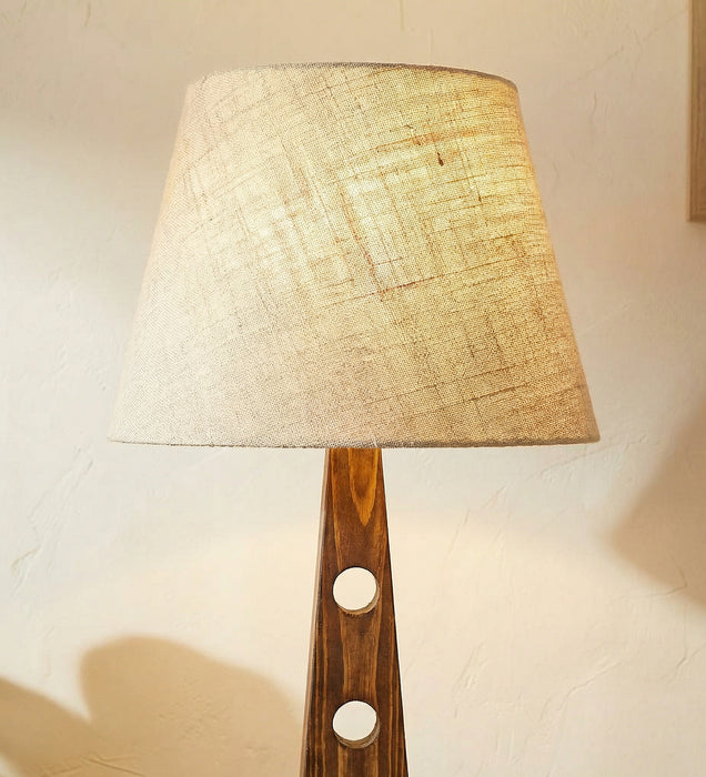 Bevel Wooden Floor Lamp with Brown Base and Beige Fabric Lampshade