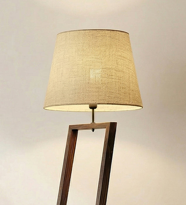 Bezalel Wooden Floor Lamp with Brown Base and Beige Fabric Lampshade