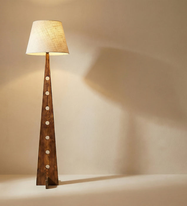 Bevel Wooden Floor Lamp with Brown Base and Beige Fabric Lampshade