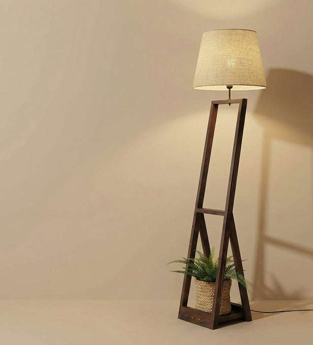 Bezalel Wooden Floor Lamp with Brown Base and Beige Fabric Lampshade
