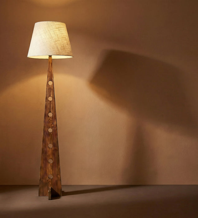 Bevel Wooden Floor Lamp with Brown Base and Beige Fabric Lampshade