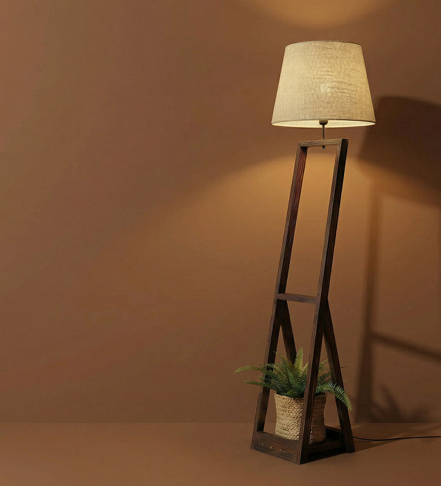 Bezalel Wooden Floor Lamp with Brown Base and Beige Fabric Lampshade