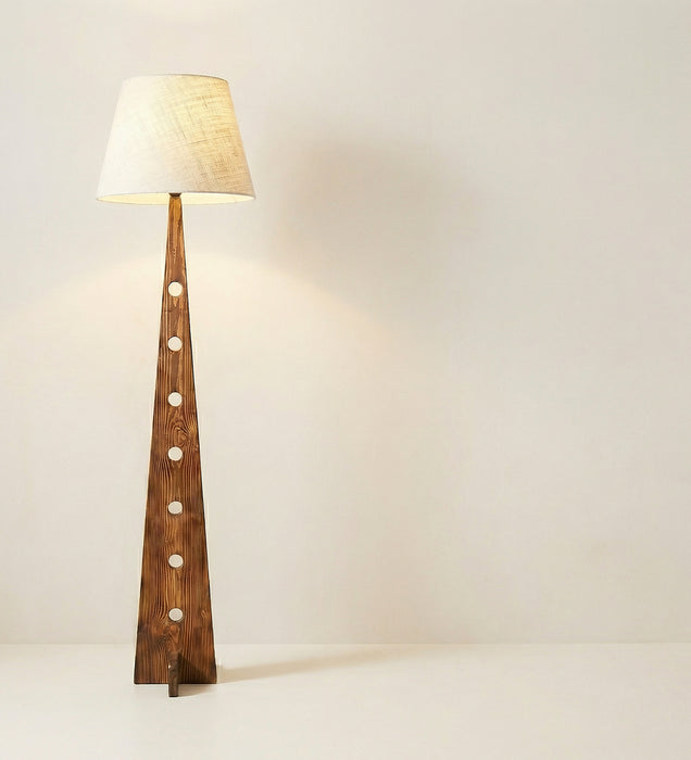 Bevel Wooden Floor Lamp with Brown Base and Beige Fabric Lampshade