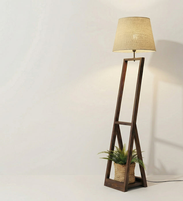 Bezalel Wooden Floor Lamp with Brown Base and Beige Fabric Lampshade