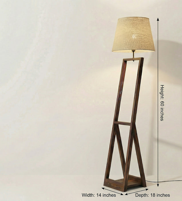 Bezalel Wooden Floor Lamp with Brown Base and Beige Fabric Lampshade