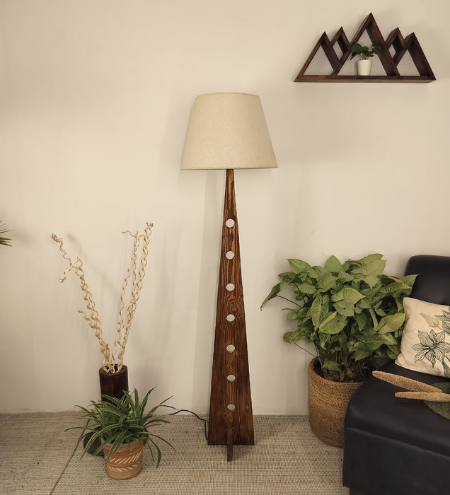 Bevel Wooden Floor Lamp with Brown Base and Beige Fabric Lampshade